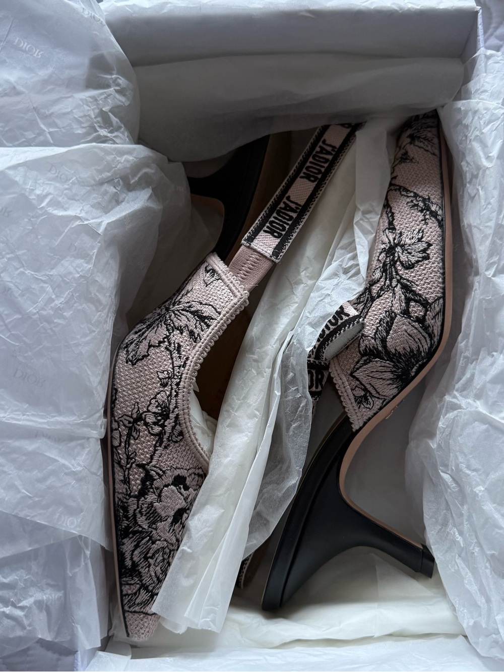 Dior Blush Pink & Black Floral Slingback Heels